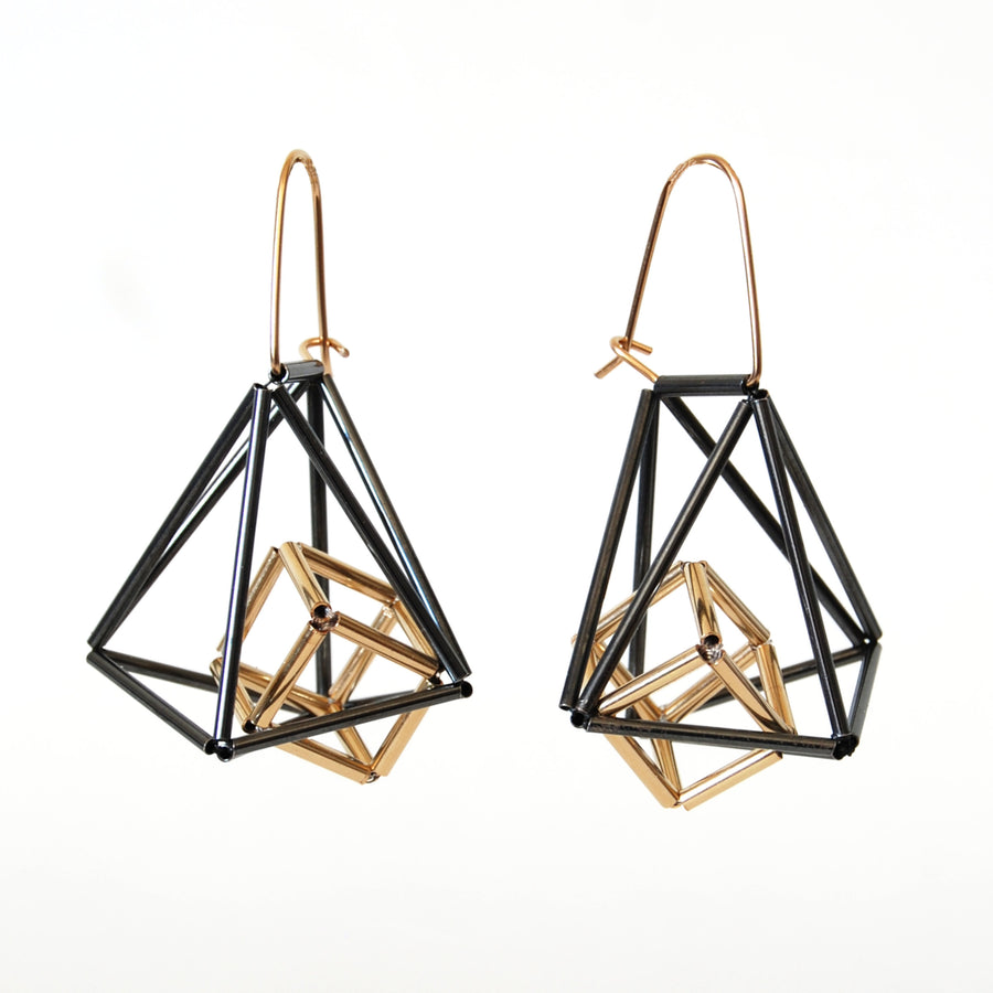 Caged Gold Cube Earrings