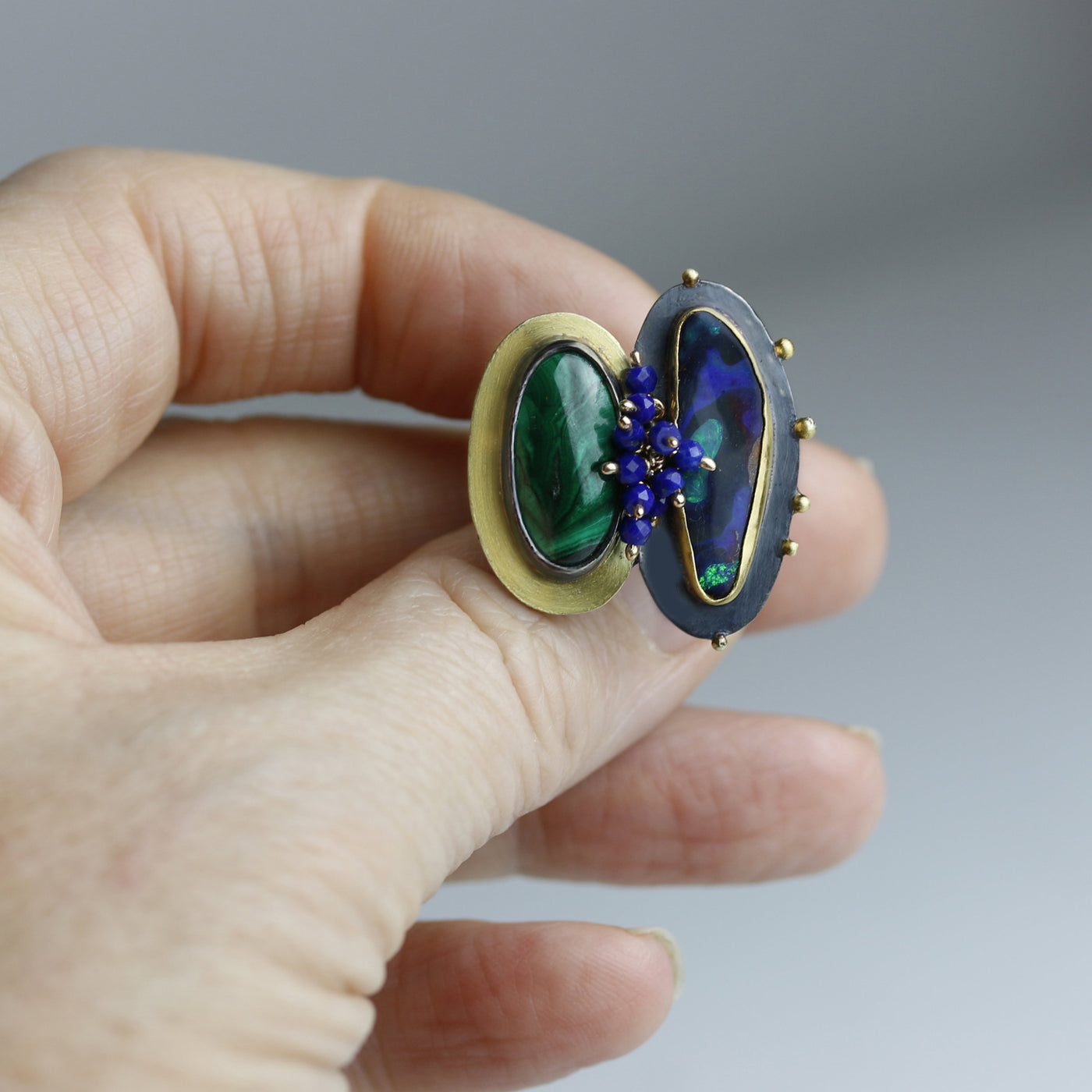 Boulder Opal and Malachite Ring