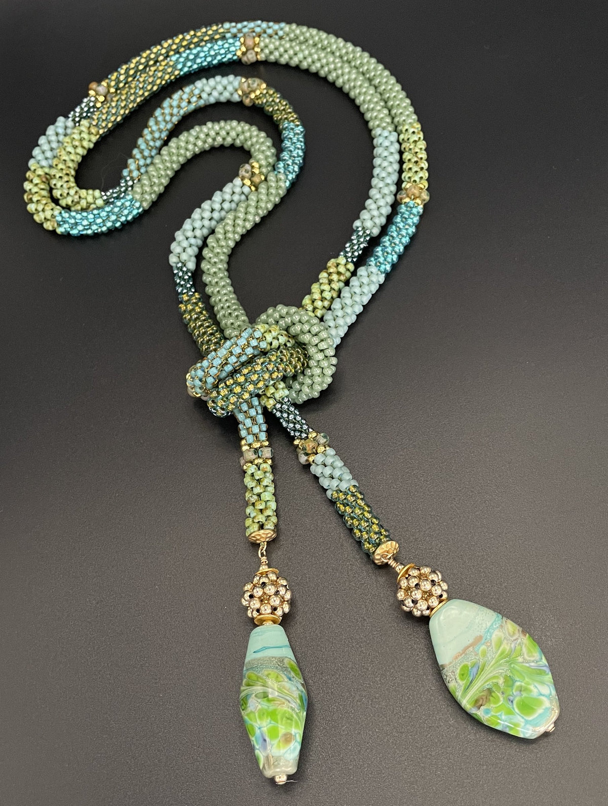 Turquoise and green bead crochet lariat