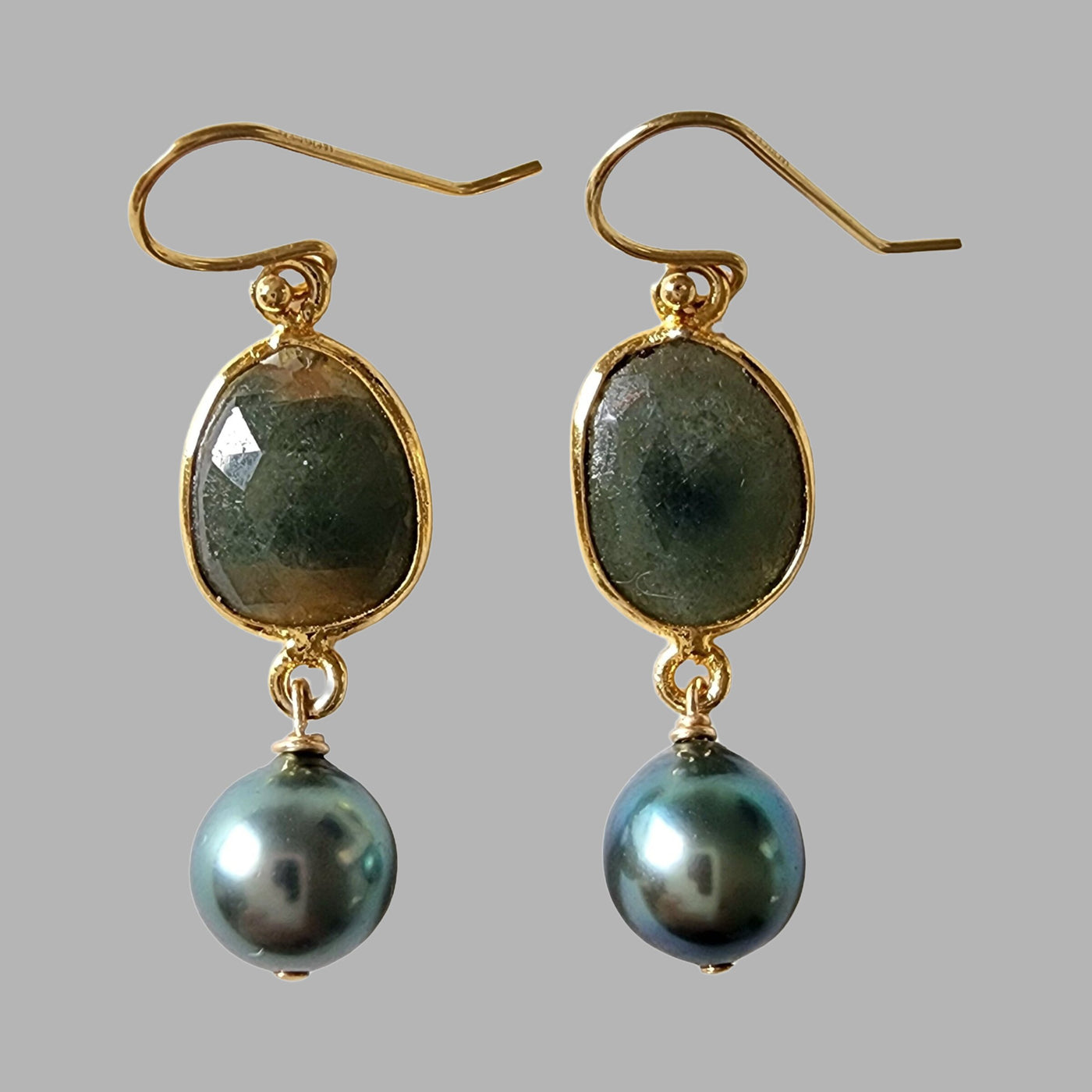 Olive Green Sapphire and Tahitian Pearl Earrings
