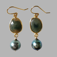 Olive Green Sapphire and Tahitian Pearl Earrings