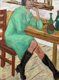 Girl with Green Dress in Cafe