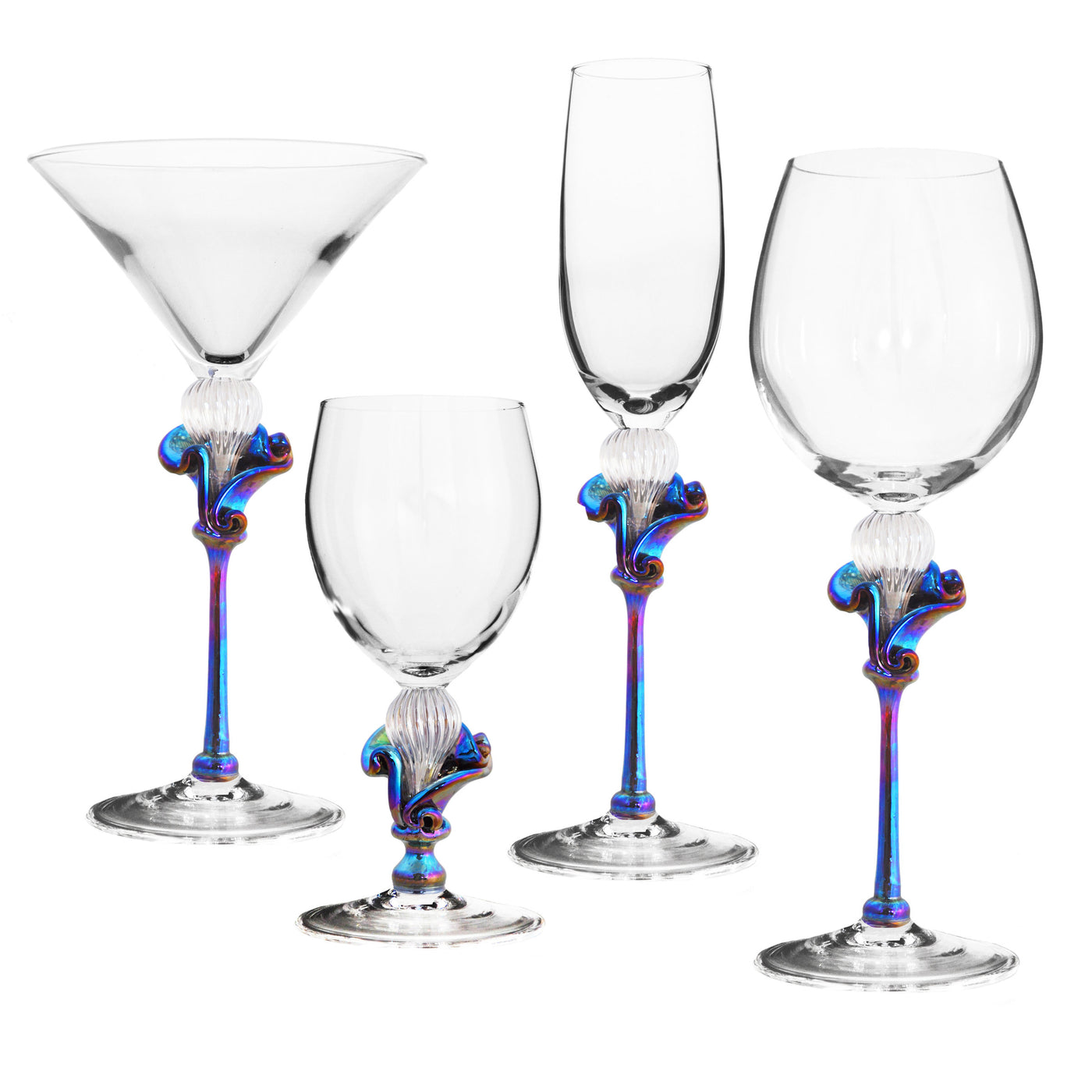 left to right: martini, water, flute, wine