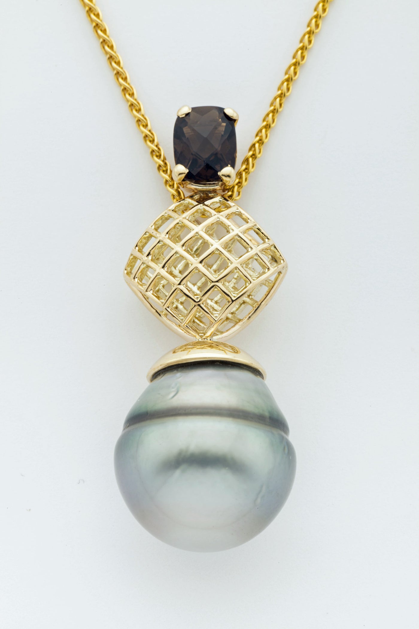 Mesh Diamond Pendant with Tahitian Pearl and Smoky Quartz