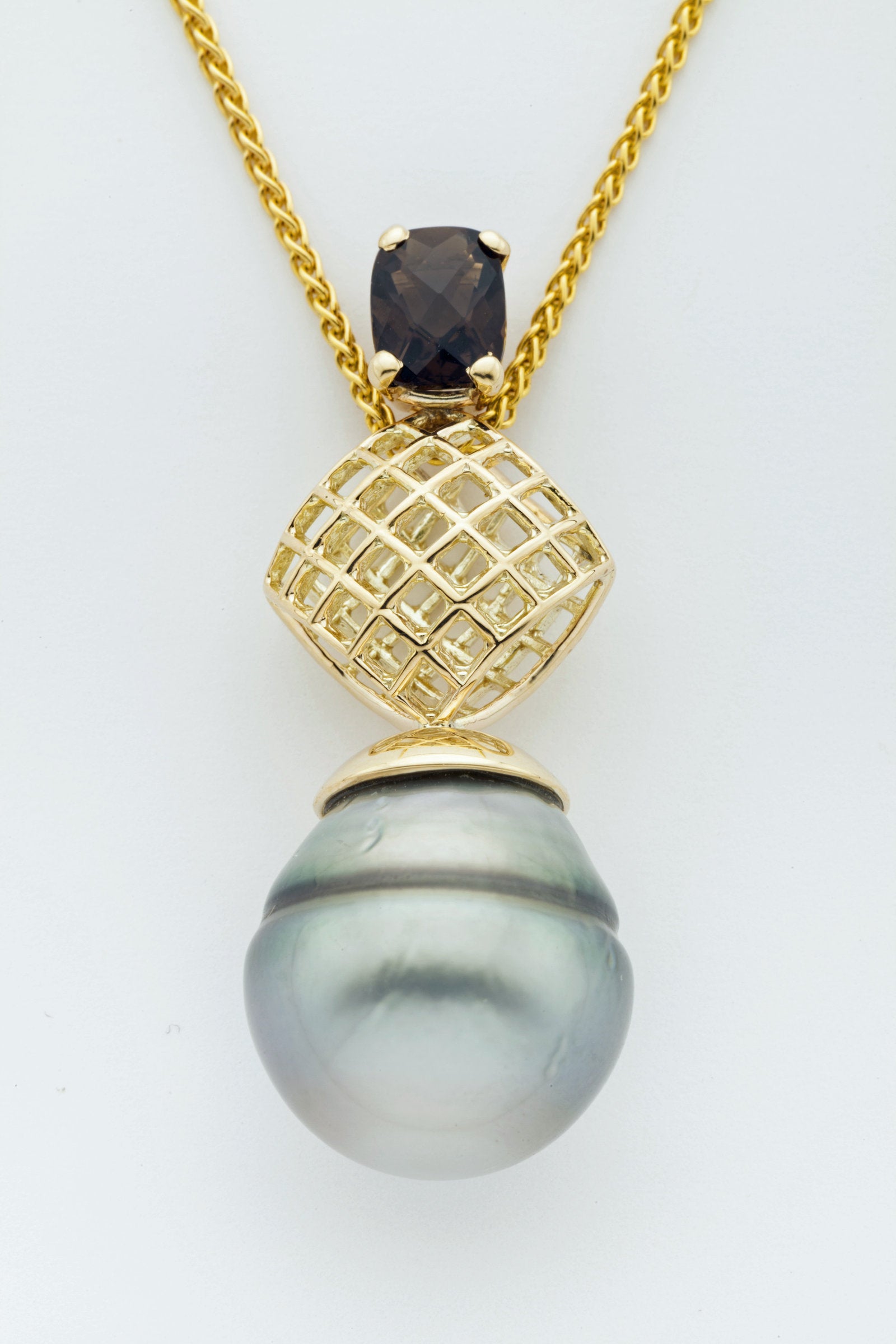 Mesh Diamond Pendant with Tahitian Pearl and Smoky Quartz