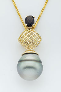 Mesh Diamond Pendant with Tahitian Pearl and Smoky Quartz