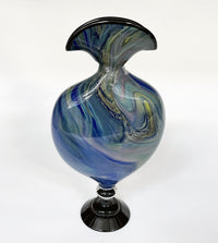 Blue Marbled Flattened Vase with Black Foot