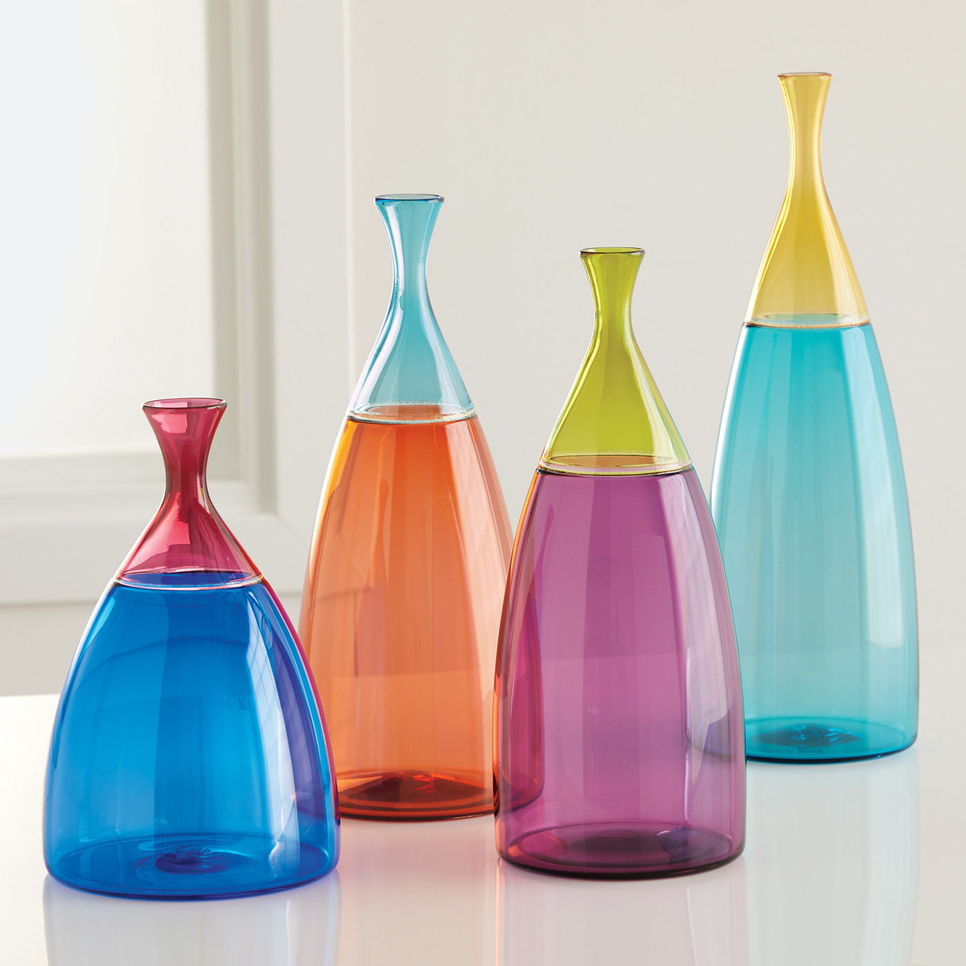 left to right: Short Cerulean/Ruby, Medium Apricot/Copper Blue, Medium Amethyst/Olive, Tall Copper Blue/Topaz