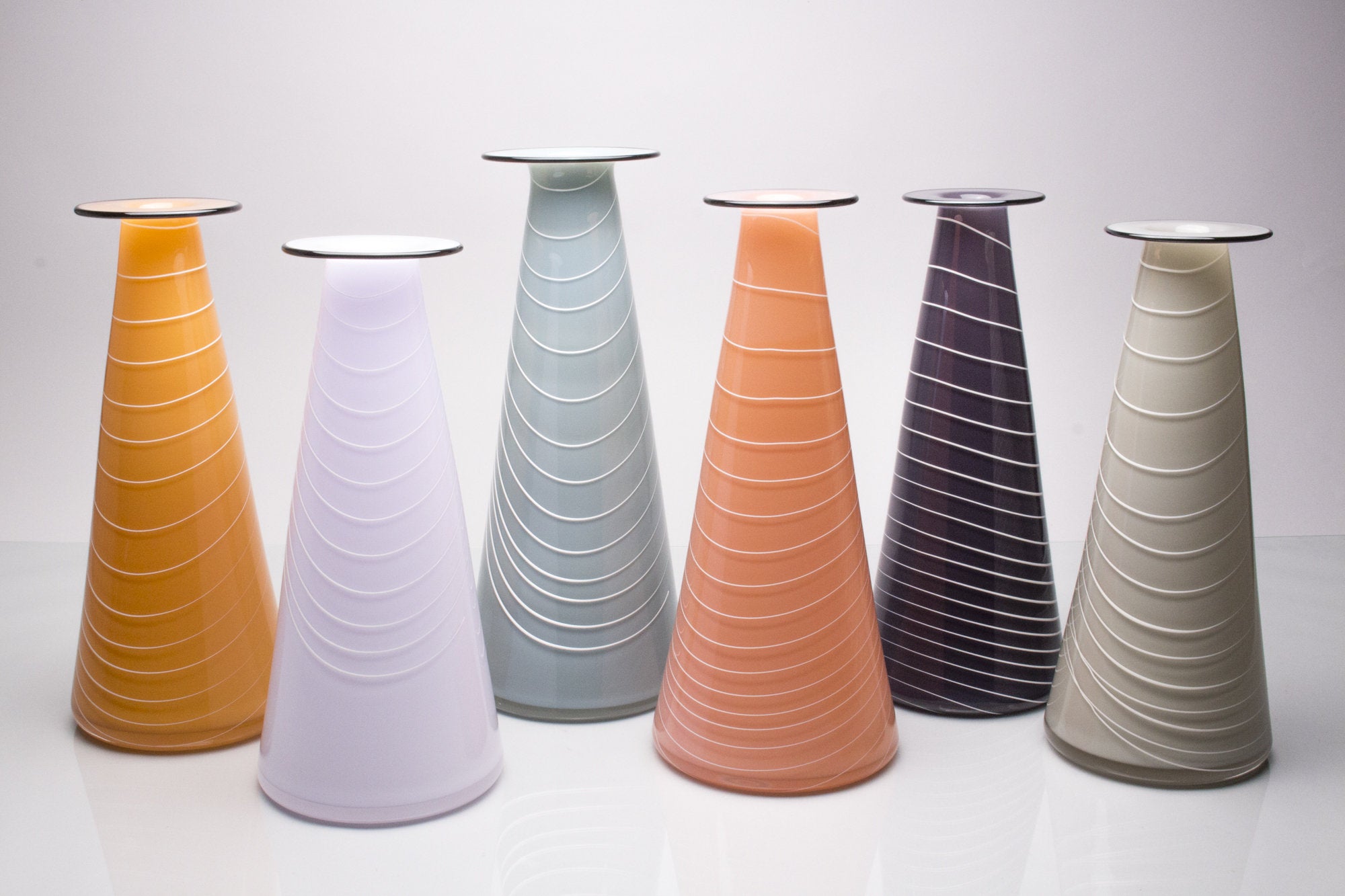 from left: apricot, pastel violet, pigeon gray, flamingo, plum, light gray