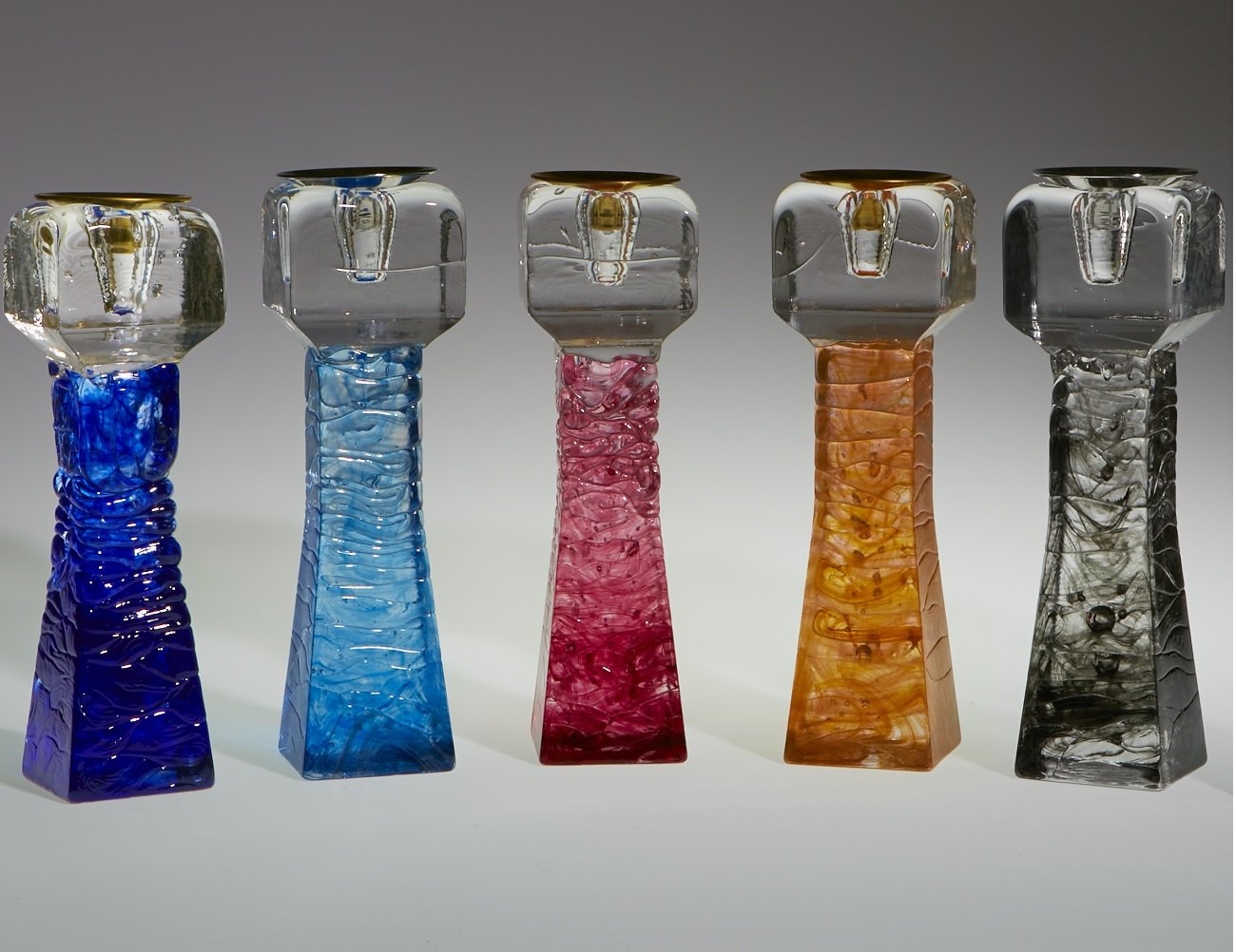left to right: cobalt, turquoise, raspberry, saffron, gray