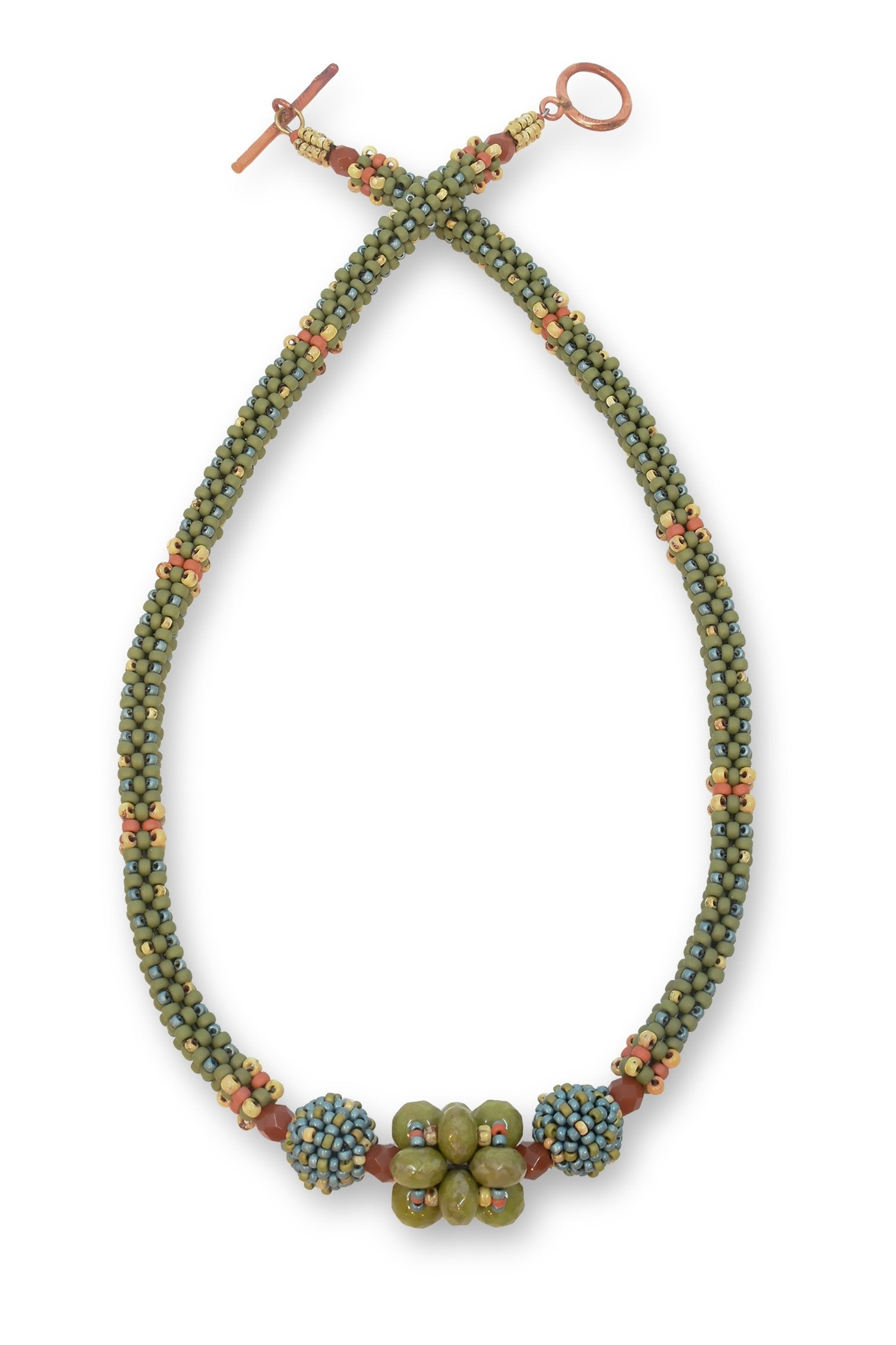 sage, punctuated with carnelian, turquoise and gold