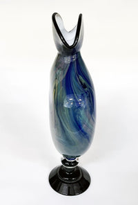 Blue Marbled Flattened Vase with Black Foot