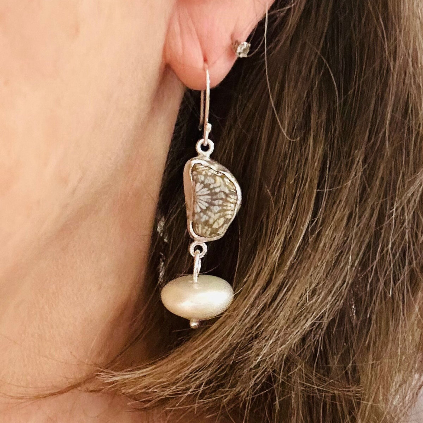 Asymmetrical Fossil and Pearl Earrings