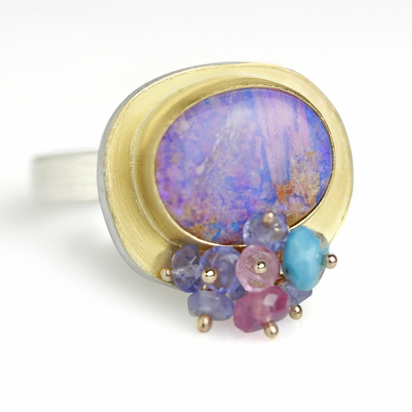 Lilac Crystal Boulder Opal Ring with Multi Cluster