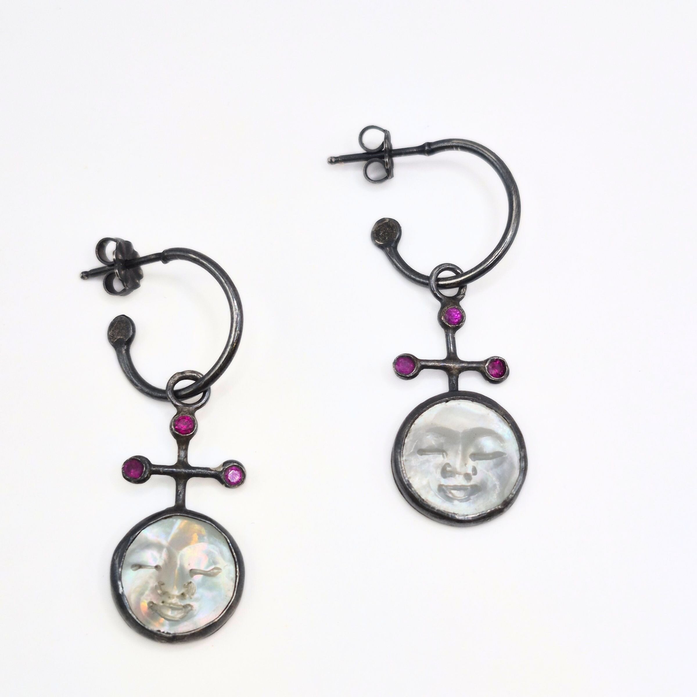 Mother-of-Pearl & Ruby Moon Hoop Earrings