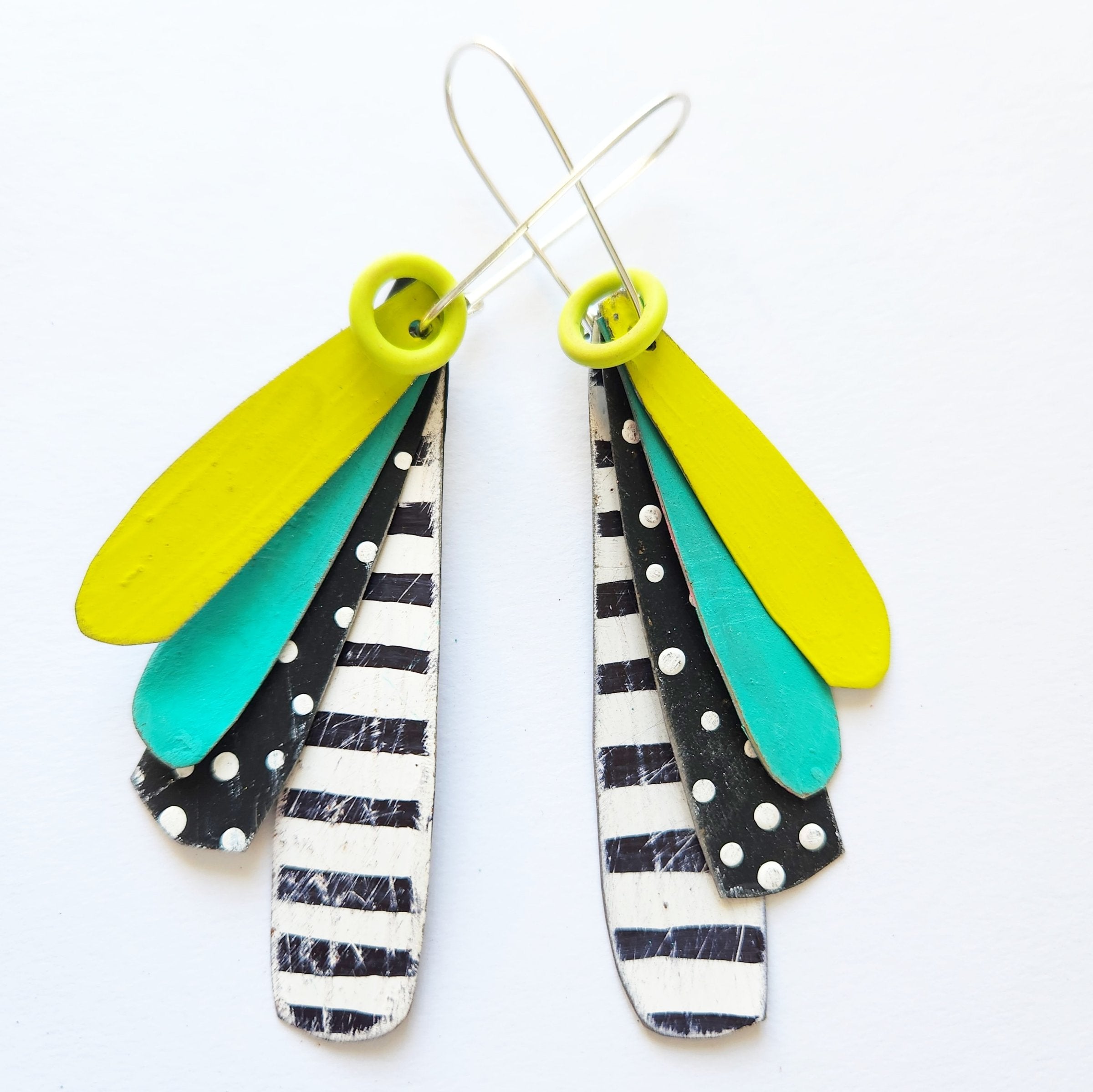 Turquoise, Chartreuse, Black & White Drops Earrings