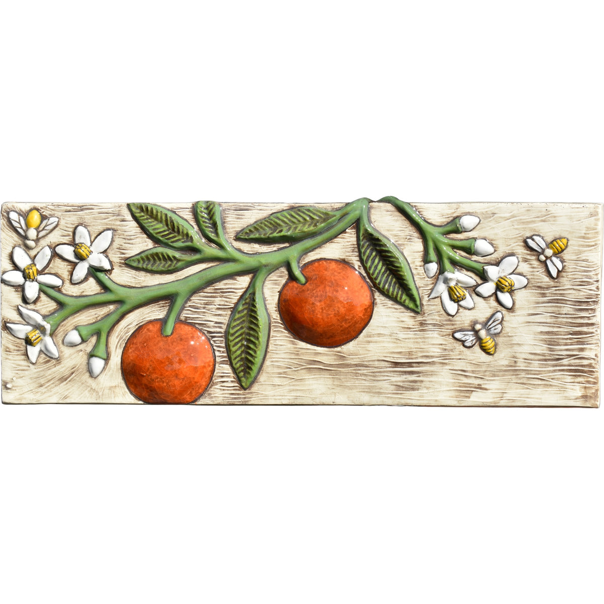 Oranges, Blossoms, and Bees Ceramic Wall Tile in Eggshell