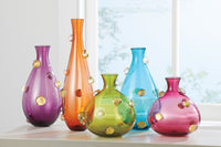 left to right: amethyst, apricot, olive green, copper blue, wine red