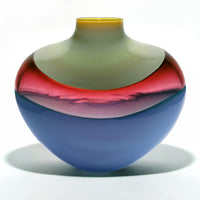 Flat Banded Vase in Custard, Cranberry and Denim