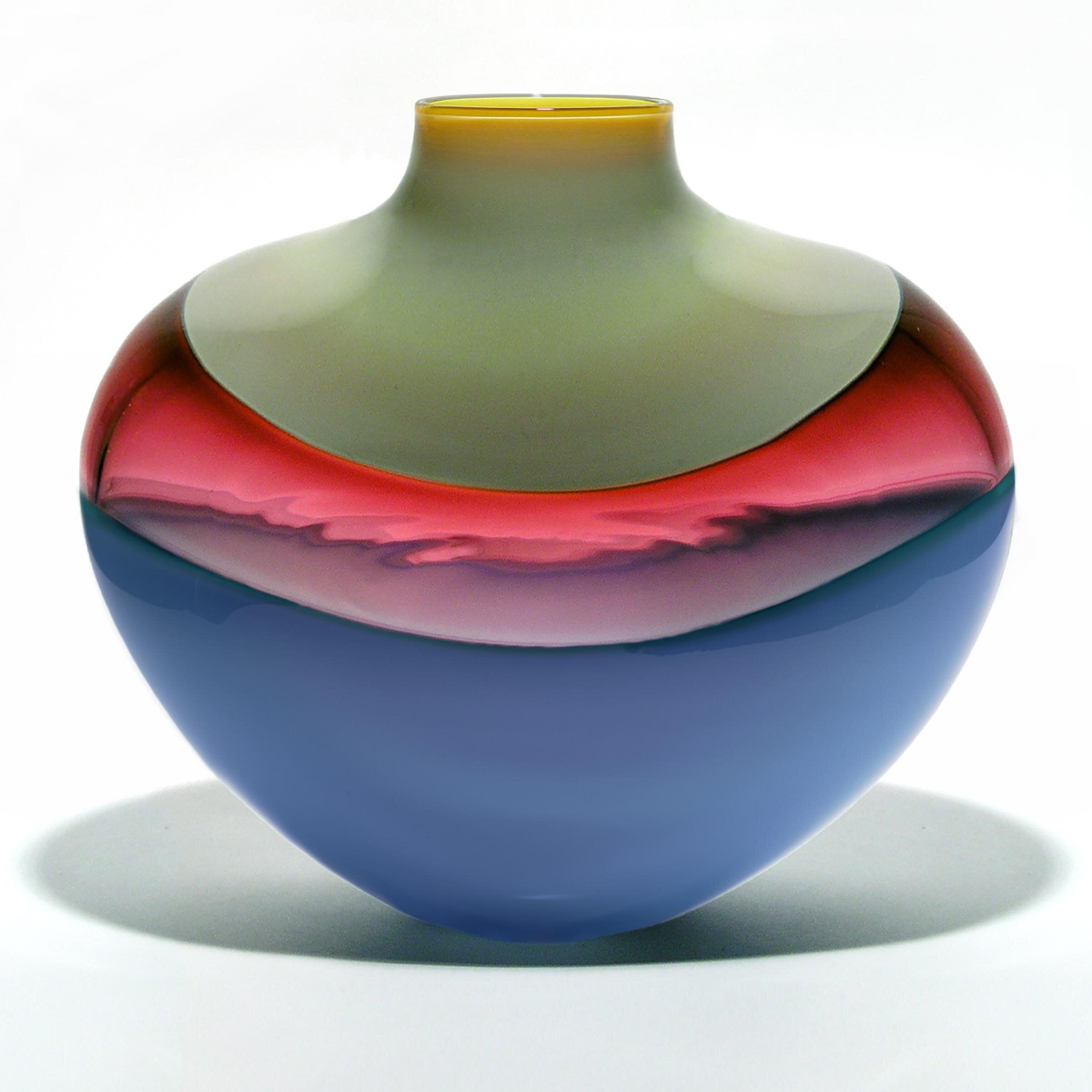 Flat Banded Vase in Custard, Cranberry and Denim