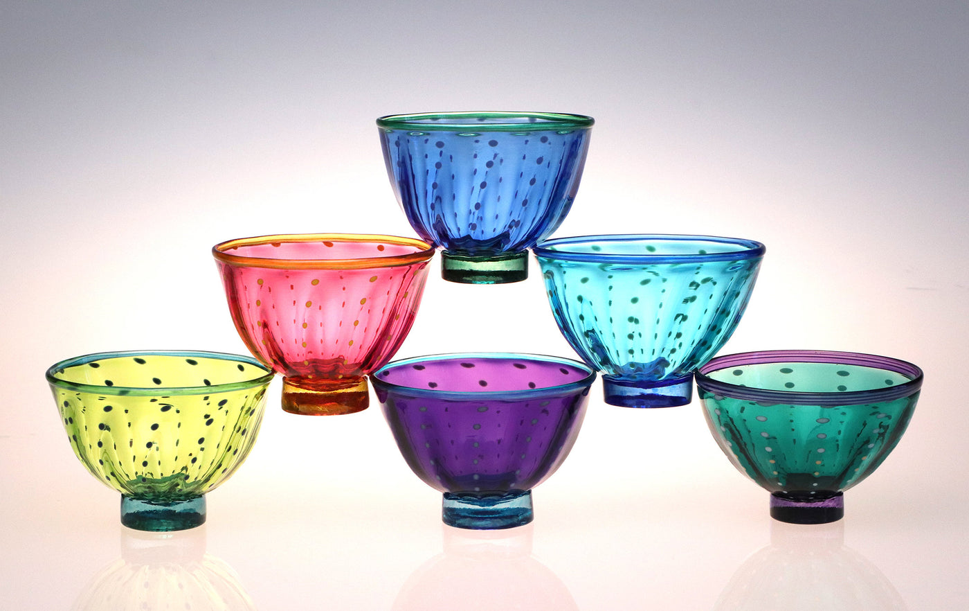 Top to bottom, left to right: Cerulean Blue, ruby, Copper Blue, Citron, purple, green