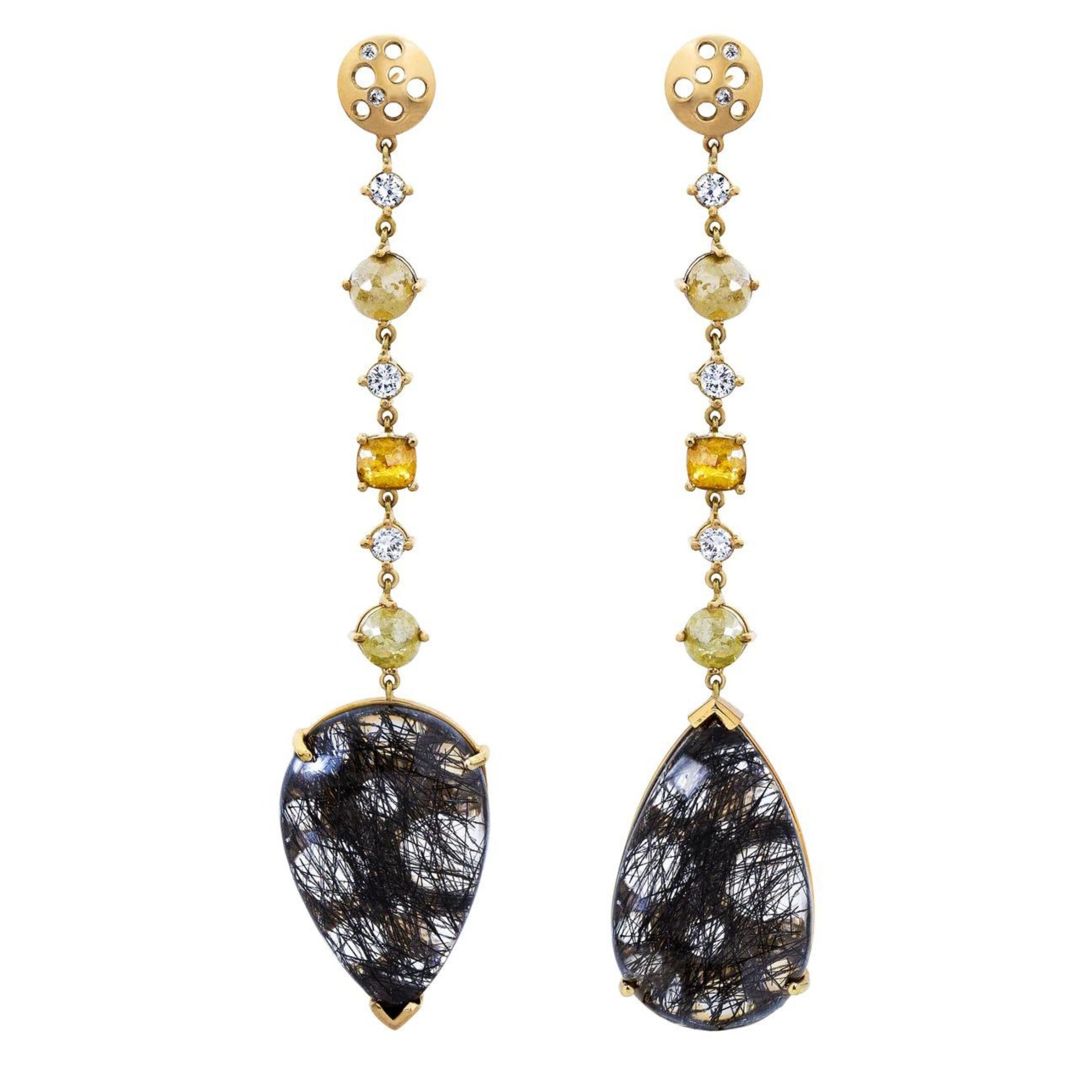Turning Black Quartz & Diamond Drop Earrings