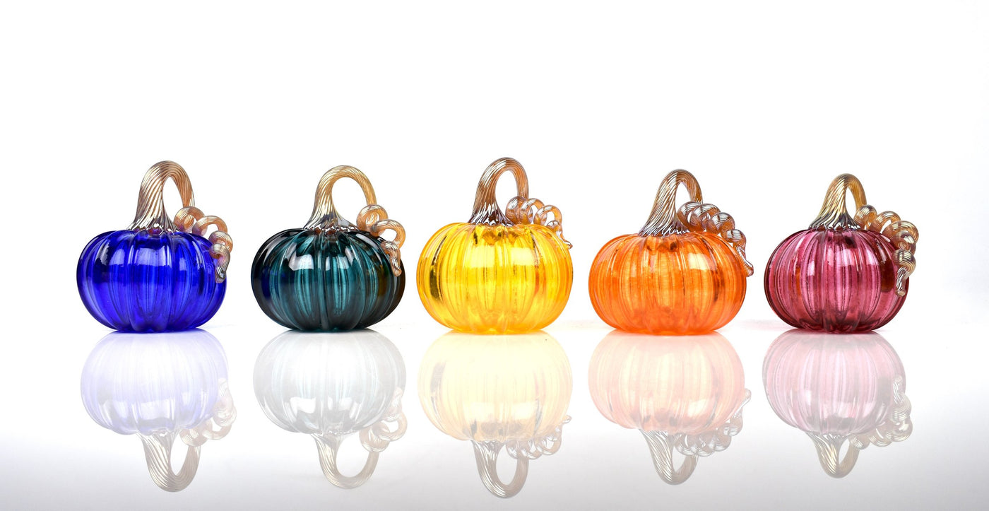 left to right: Blue, Teal, Yellow, Orange, Pink