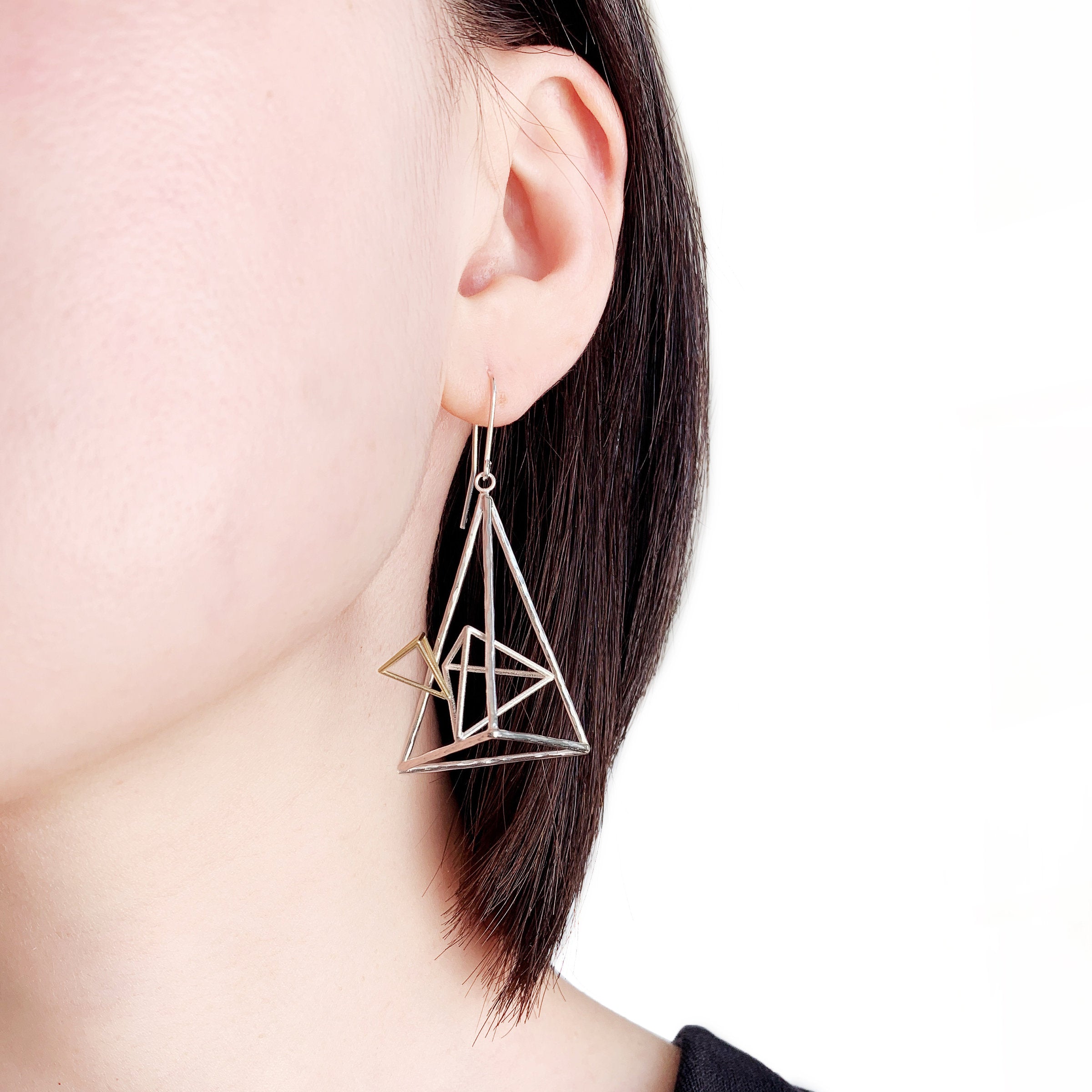 Asymmetric Triangle Dangle Earrings in Sterling Silver and 14k Gold