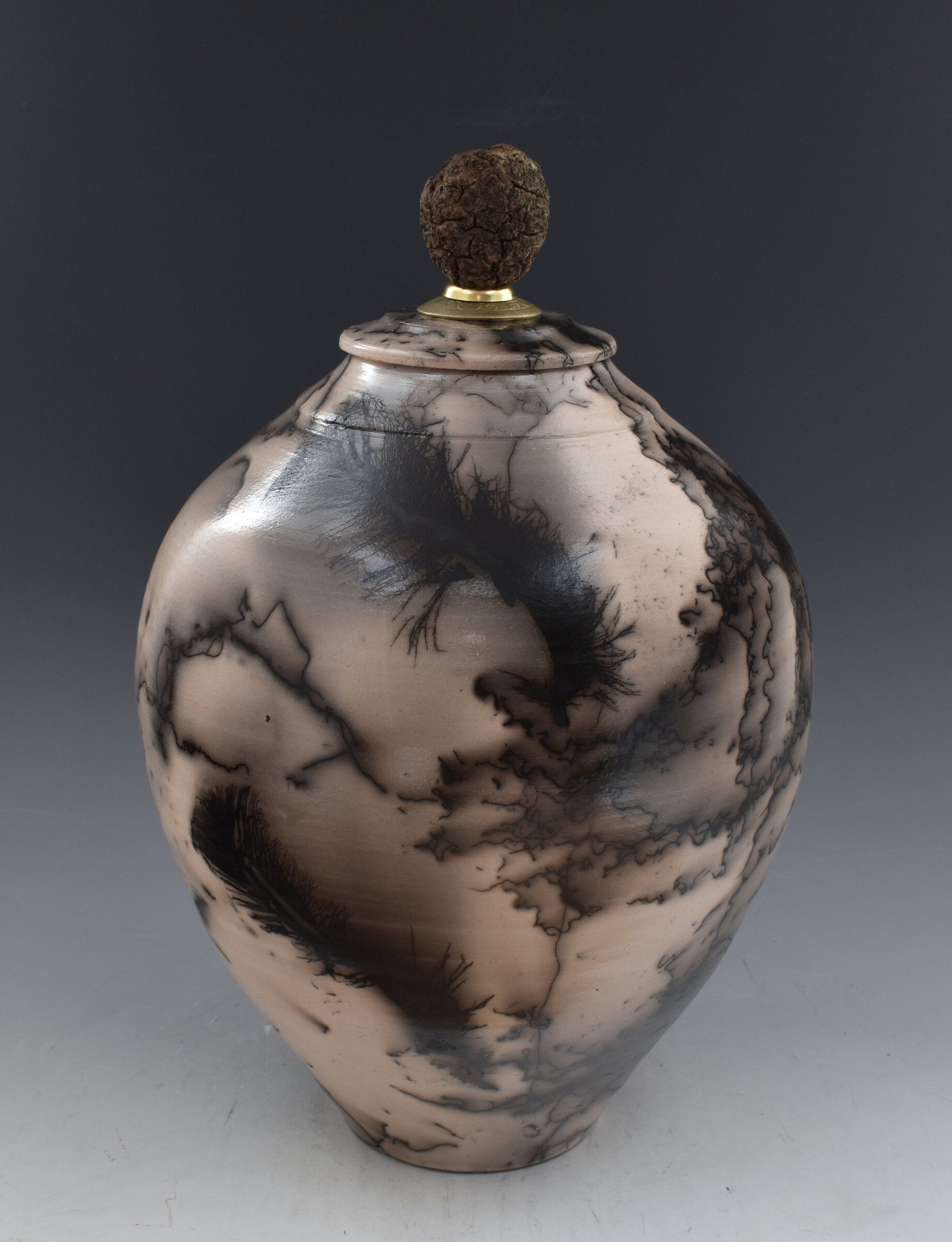 Horsehair Raku Stoneware Vessel with Oak Finial