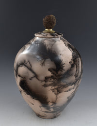 Horsehair Raku Stoneware Vessel with Oak Finial