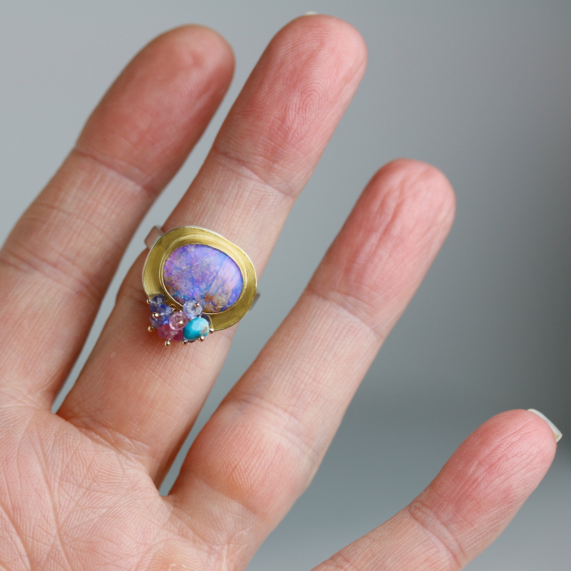 Lilac Crystal Boulder Opal Ring with Multi Cluster