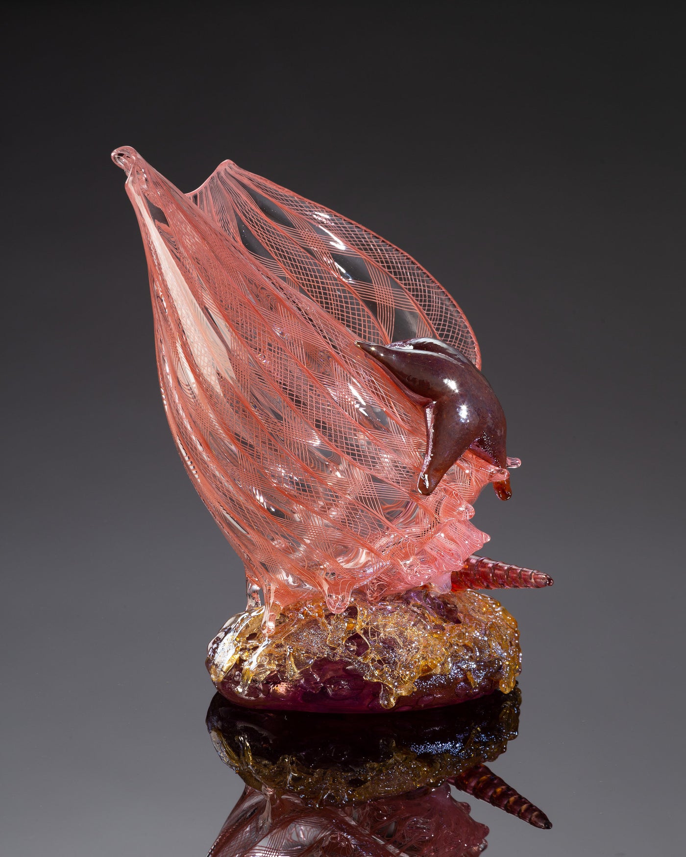 Apricot Latticino Shell Sculpture with Auger Shell and Sea Star