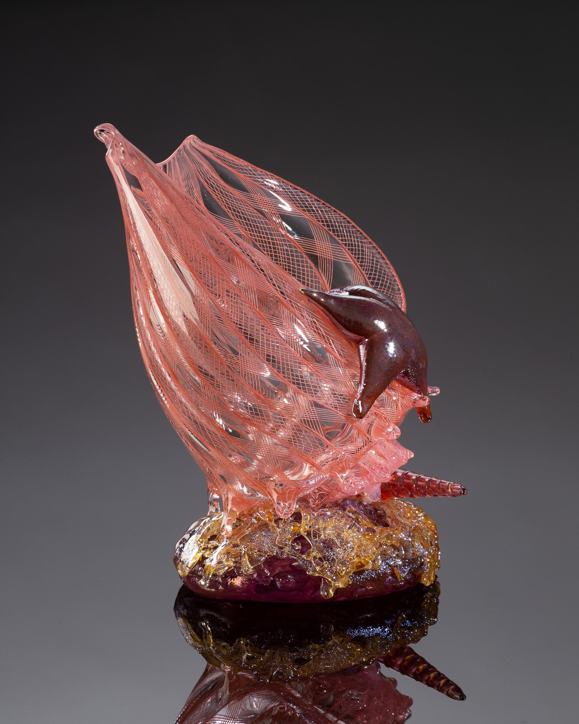 Apricot Latticino Shell Sculpture with Auger Shell and Sea Star