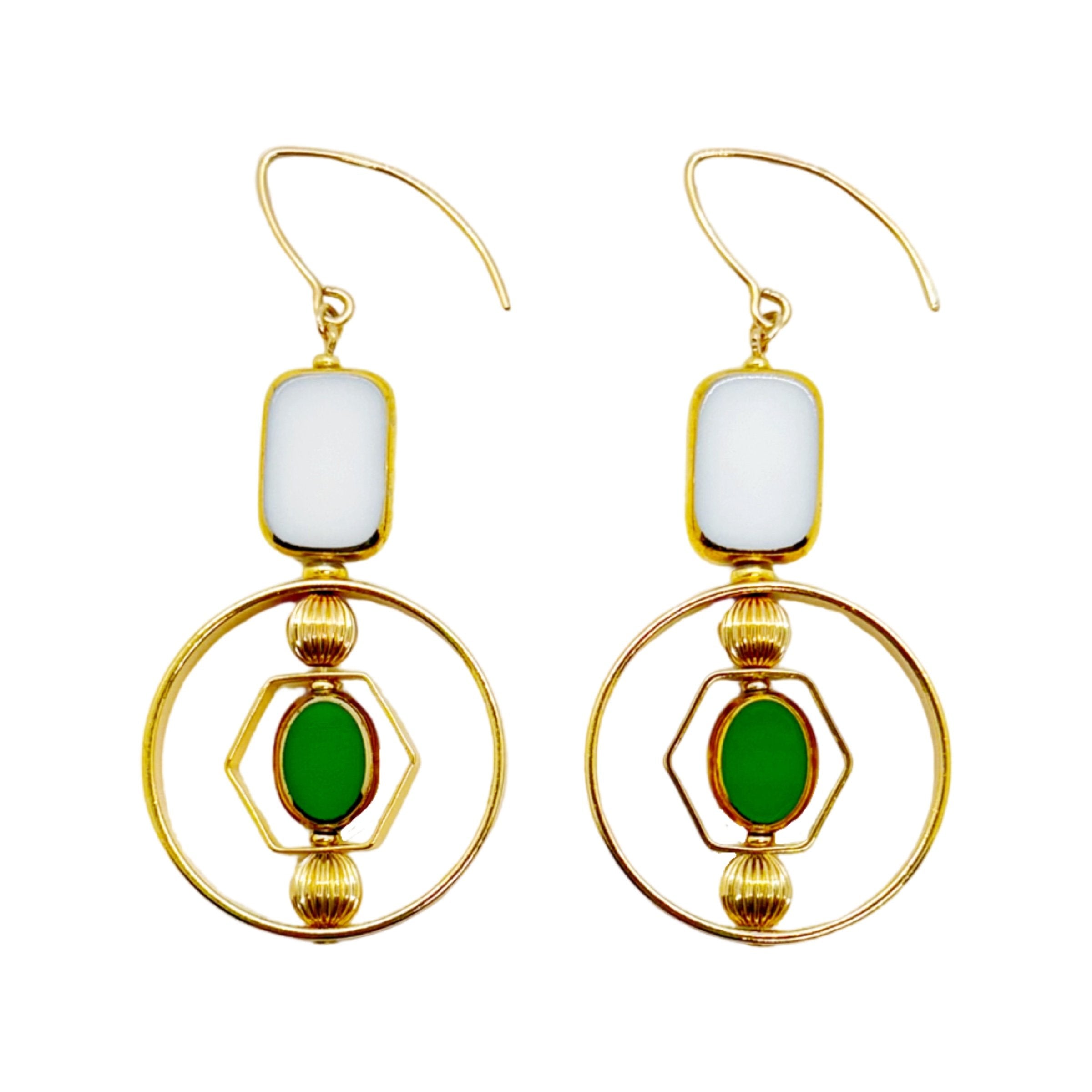 White & Green Art Deco Earrings