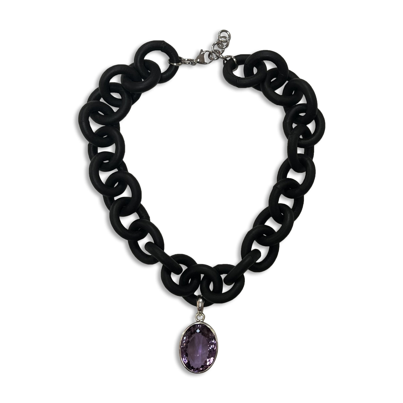 Black Rubber Necklace with Purple Amethyst