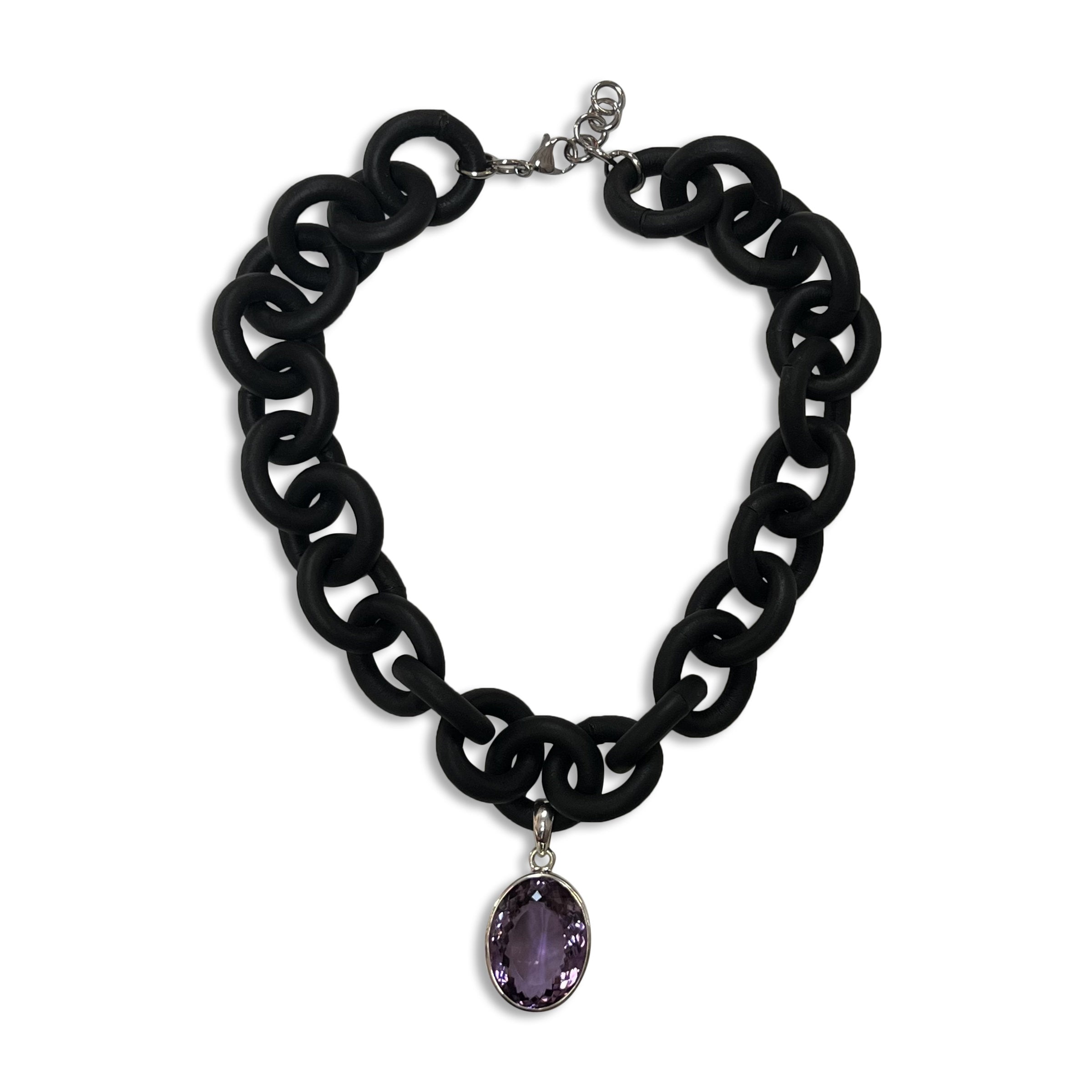Black Rubber Necklace with Purple Amethyst
