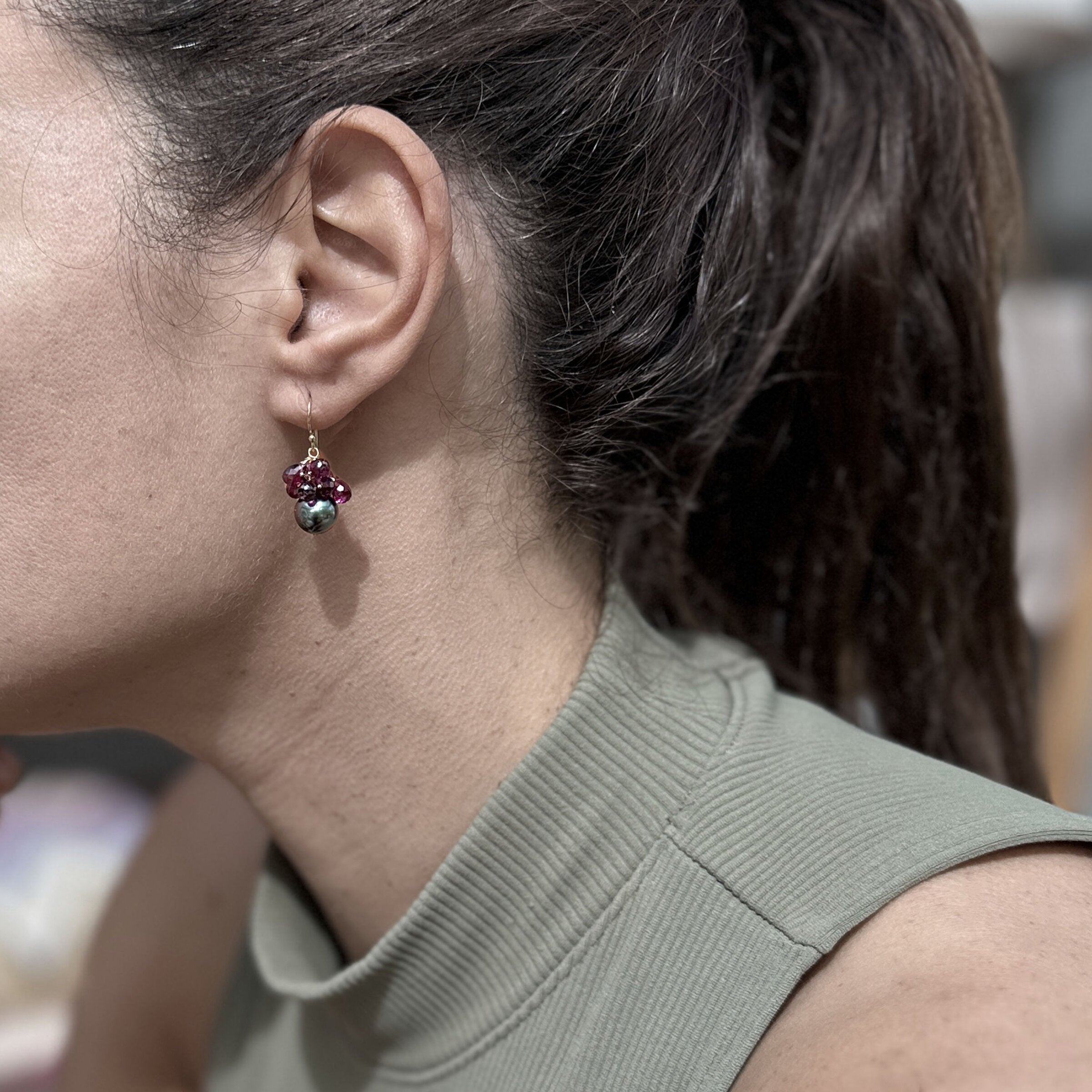 Purple Garnet & Tahitian Pearl Earrings