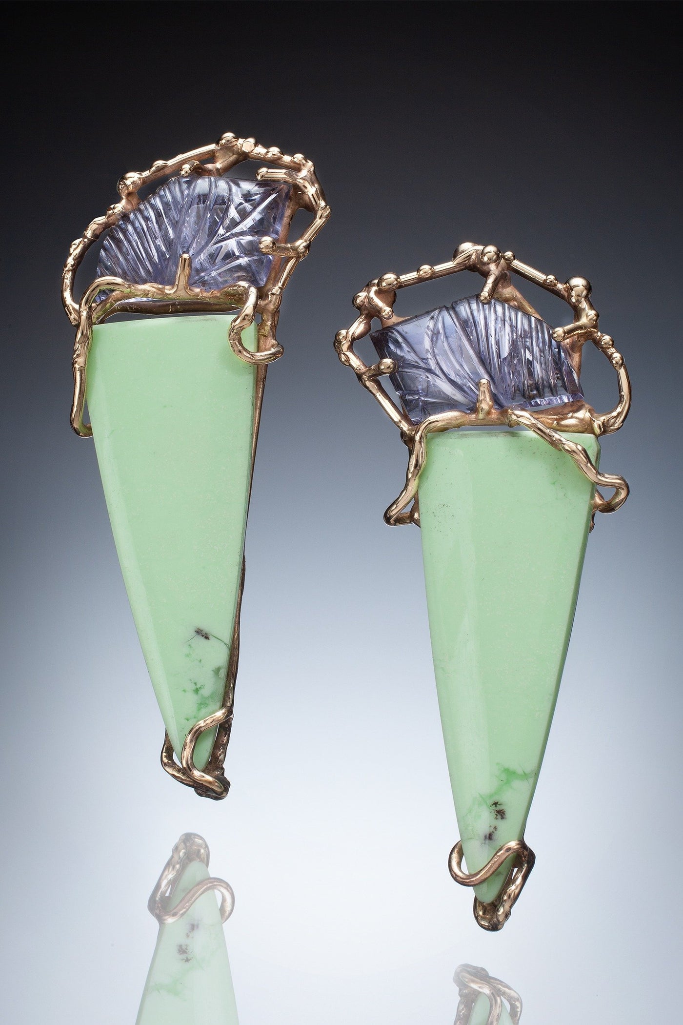 14k Lemon Chrysoprase and Iolite Earrings