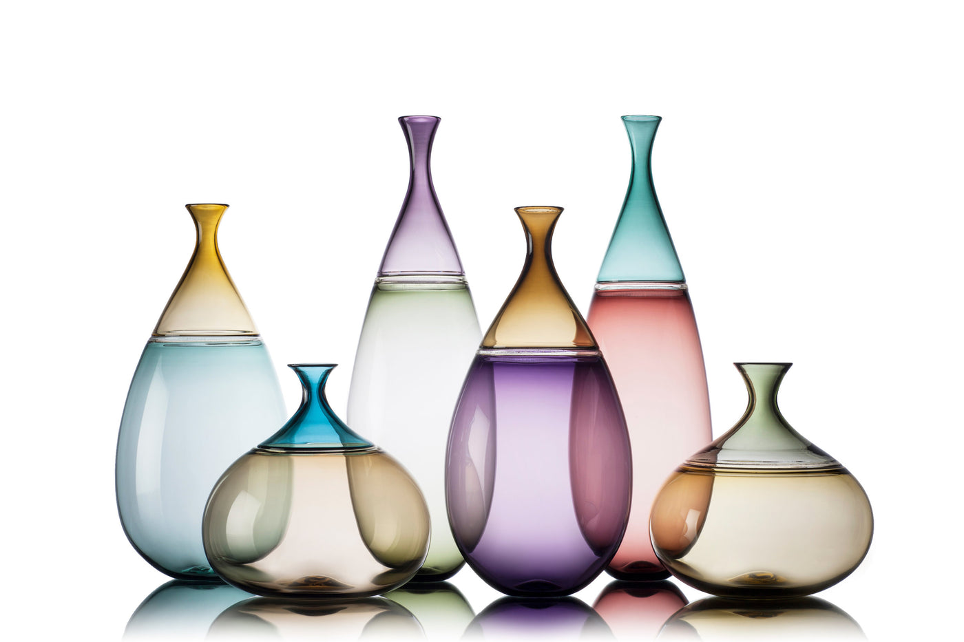 left to right: Medium Mist & Straw, Short Smoky Topaz & Mist, Tall Indigo & Sage, Medium Indigo & Smoky Topaz, Tall Aubergine & Tourmaline, Short Straw & Sage