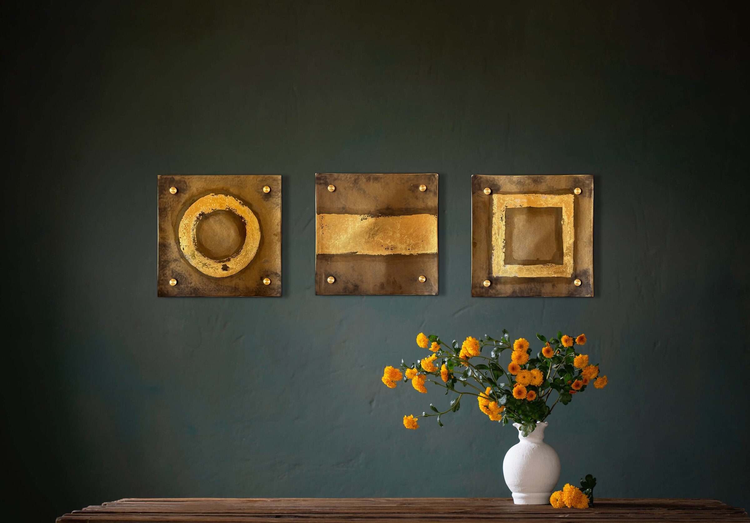 Bronze and Gold Circle Line Square Metallic Wall Square Set