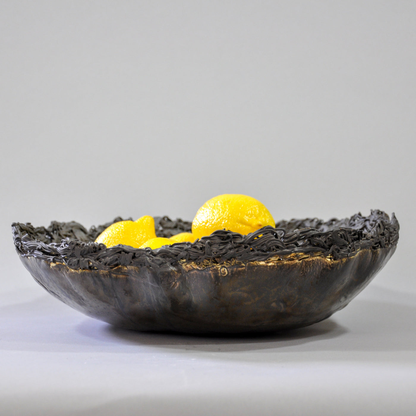 Gray Metallic Glazed Bowl with Black Lace Trim