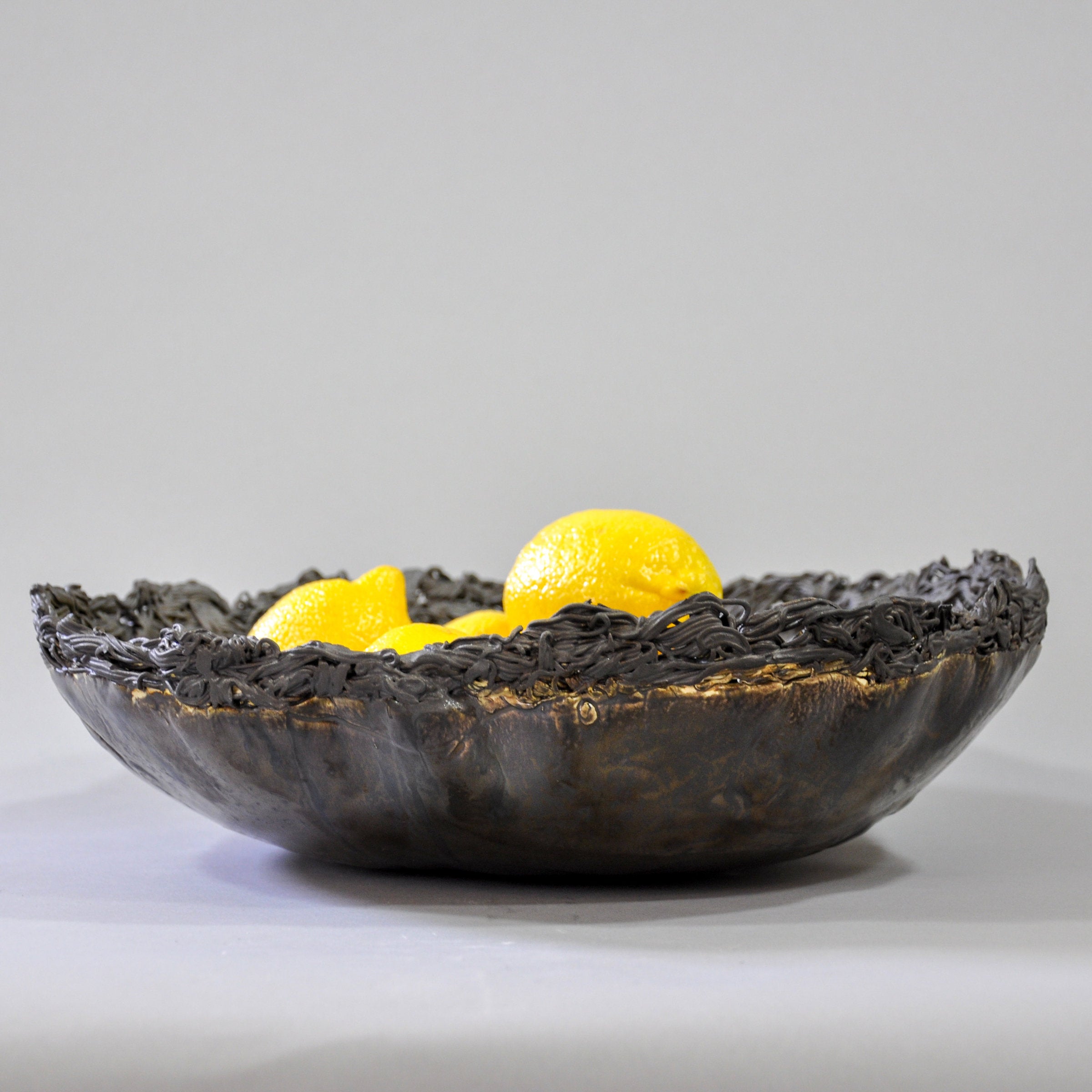 Gray Metallic Glazed Bowl with Black Lace Trim