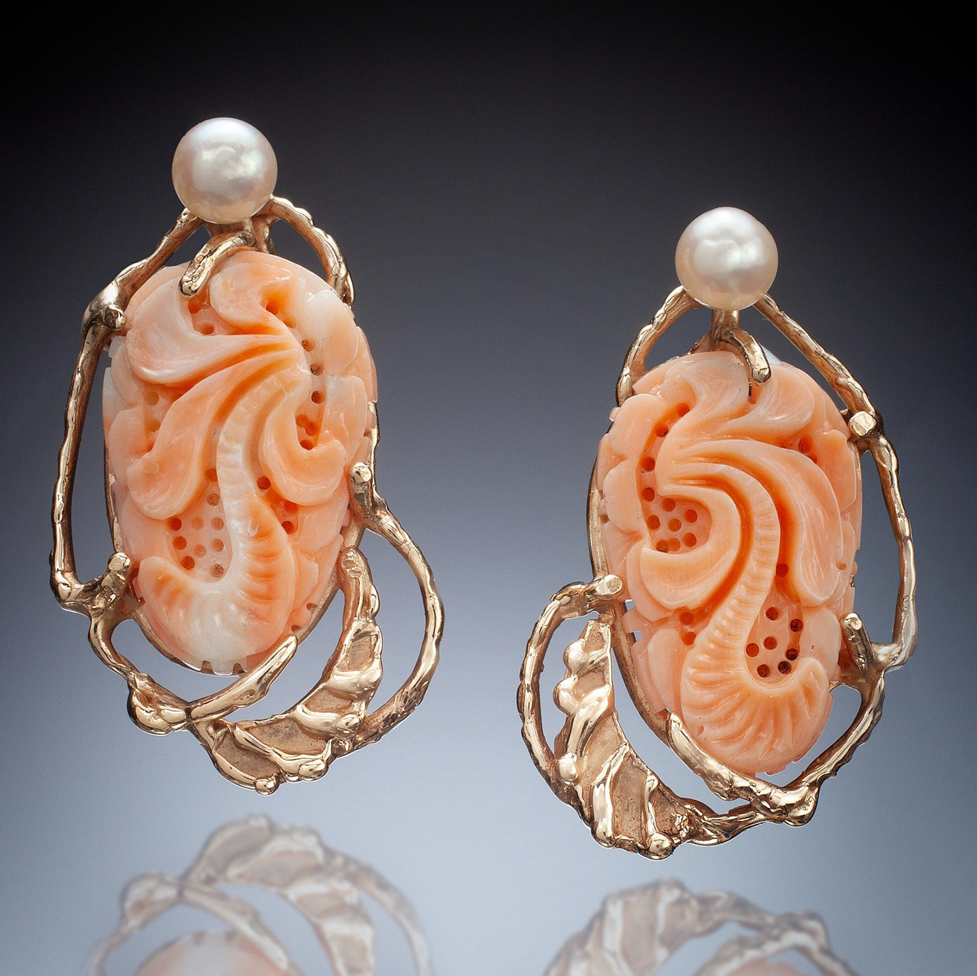 14k Earrings with Carved Coral & Pearl | Photo by Ralph Gabriner
