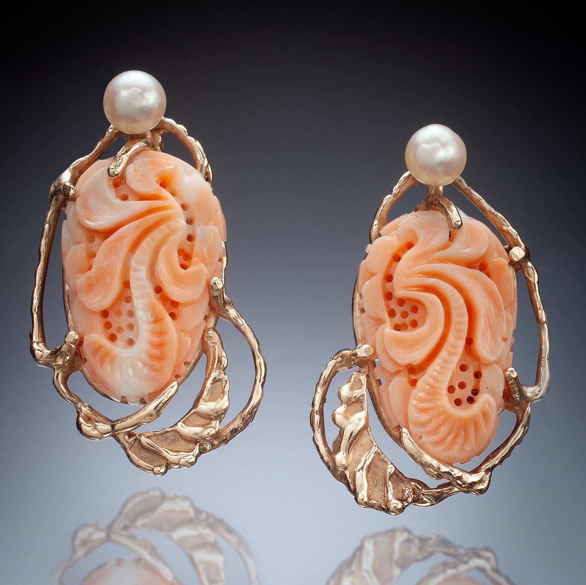 14k Earrings with Carved Coral & Pearl | Photo by Ralph Gabriner