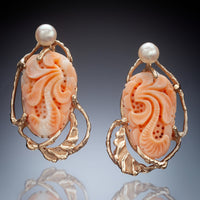 14k Earrings with Carved Coral & Pearl | Photo by Ralph Gabriner