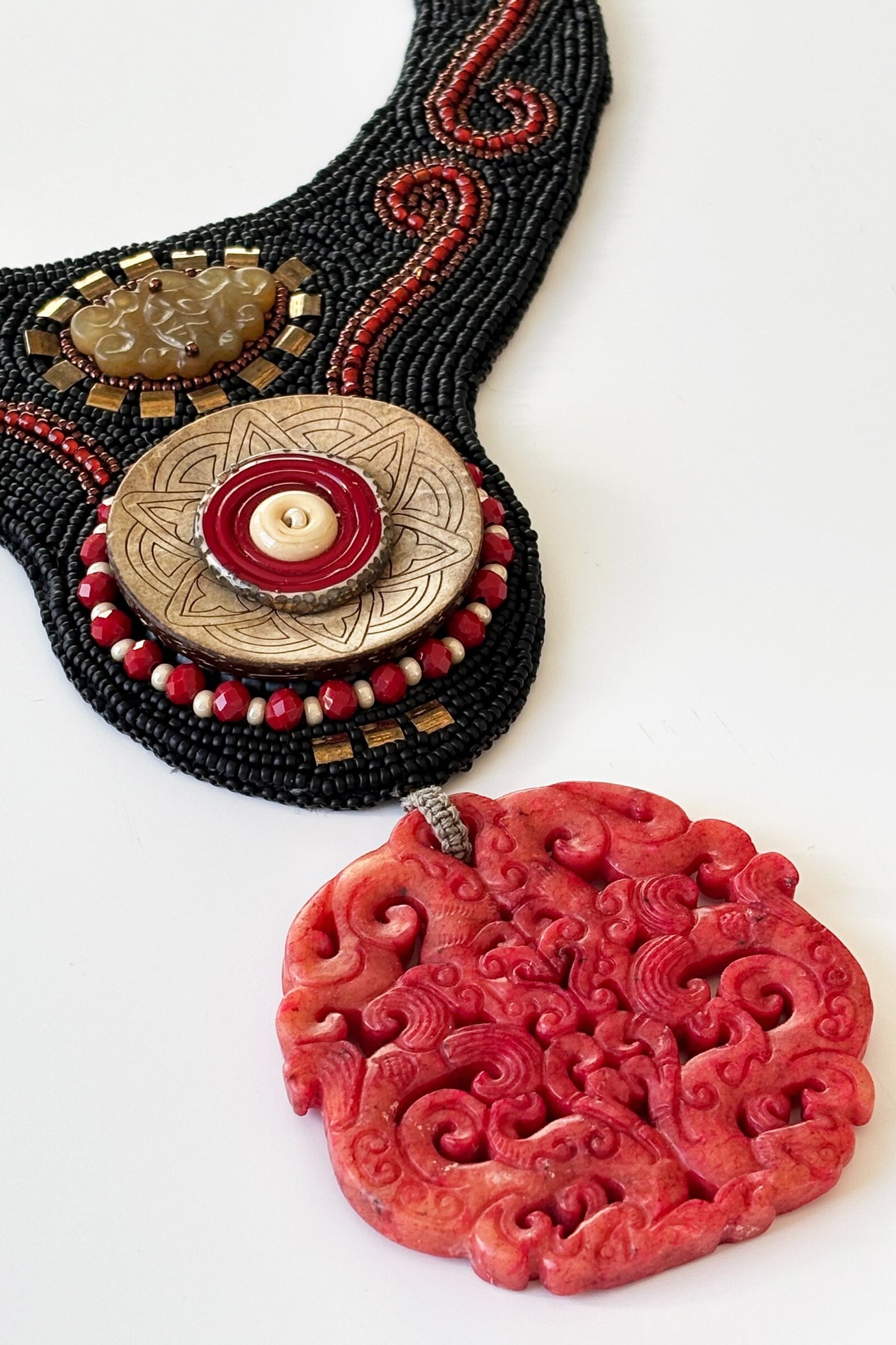 Red Jade Bead Embroidered Necklace