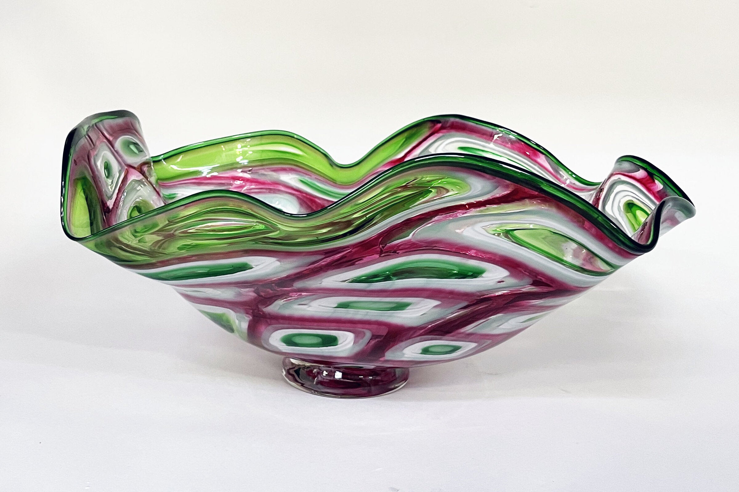 Pink, Green, and White Mosaic Ruffled Bowl