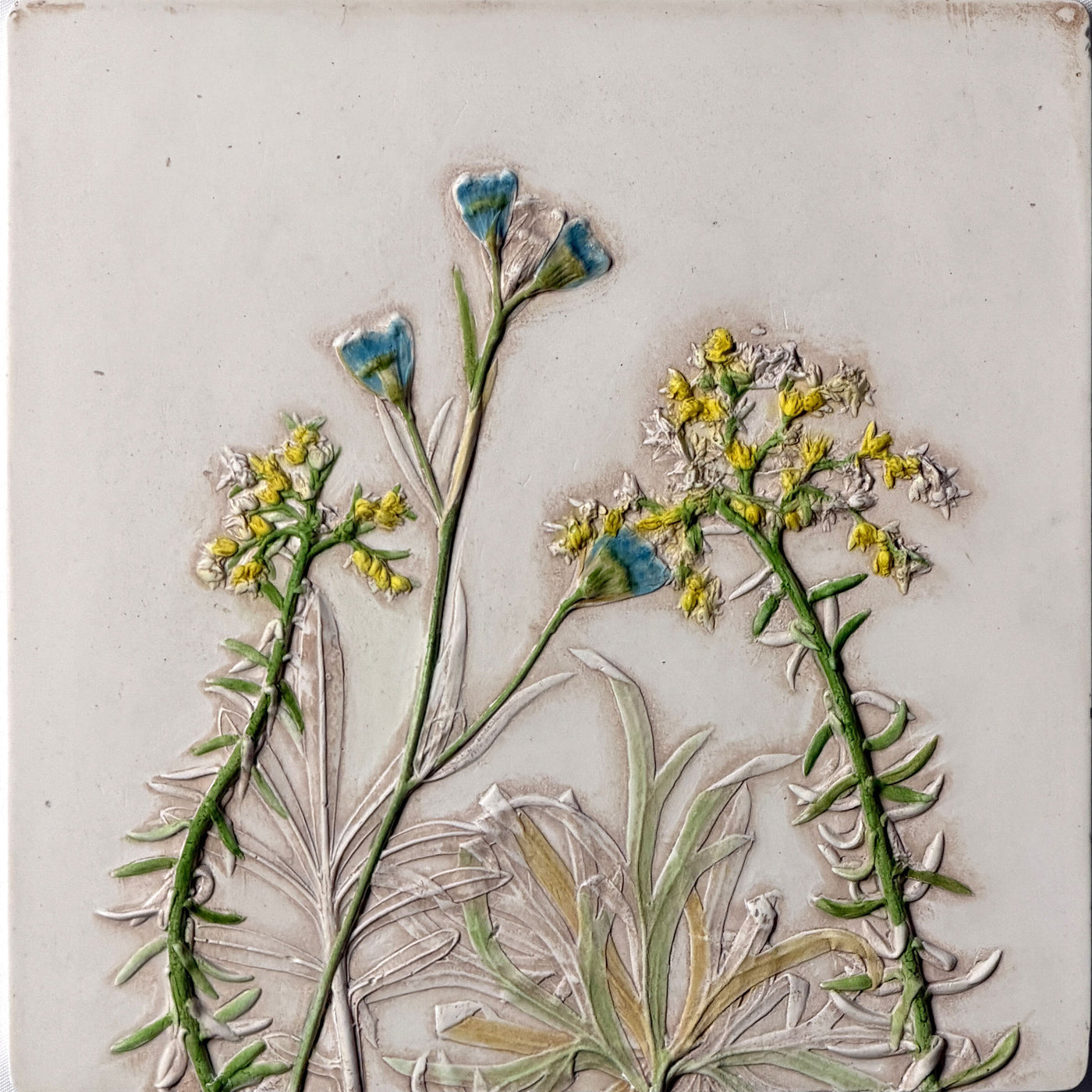 Yellow Sedum & Blue Delphinium Garden Flowers Tile