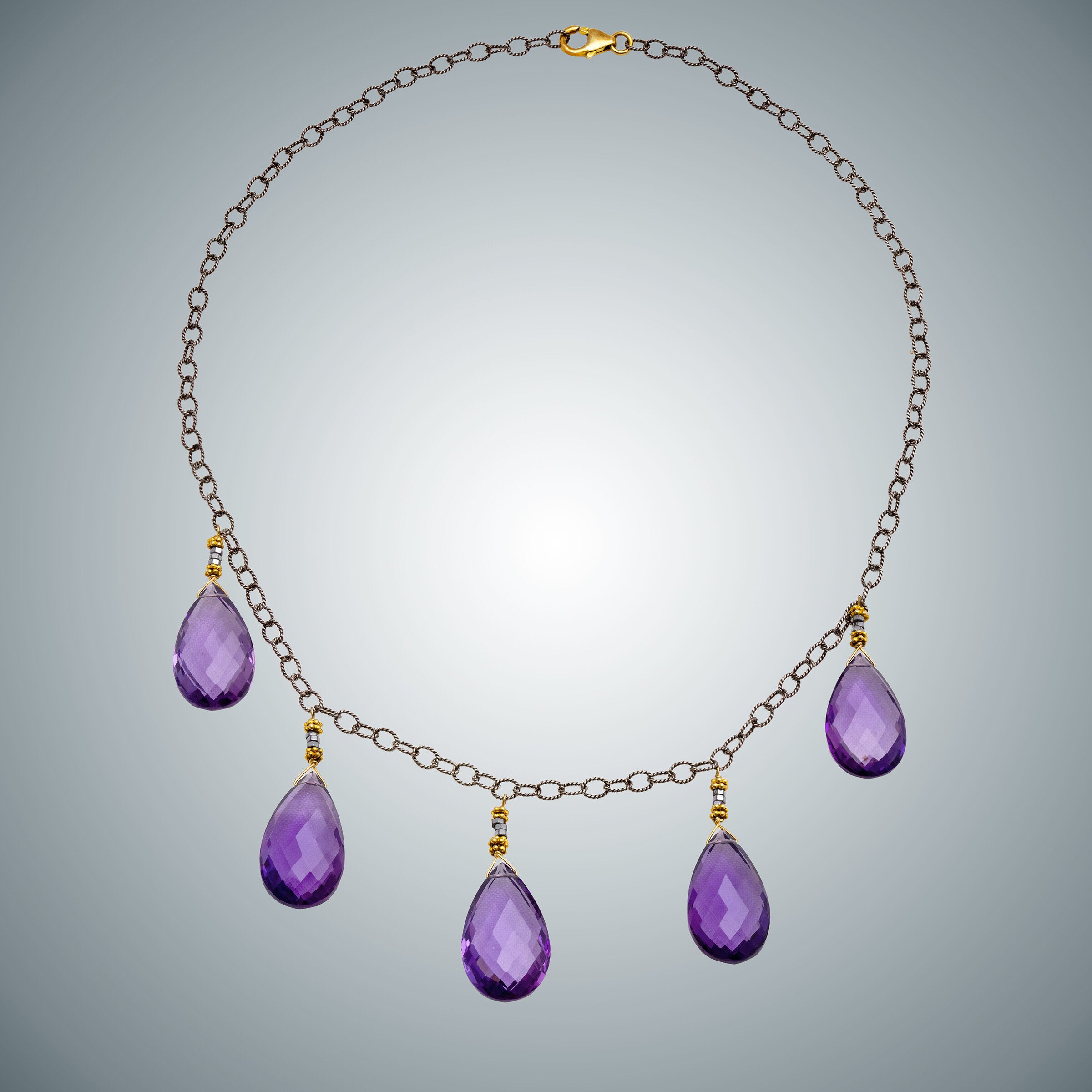 Amethyst Teardrops and Oxidized Sterling Silver Chain