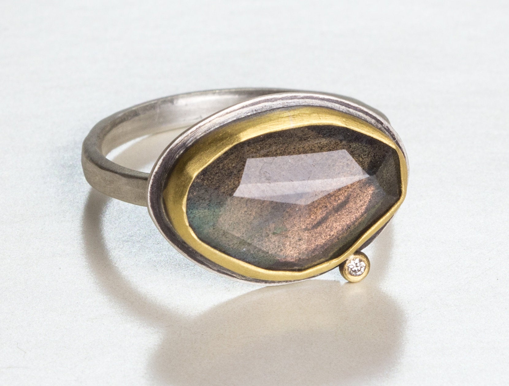Rose Cut Labradorite Ring with Diamond Dot